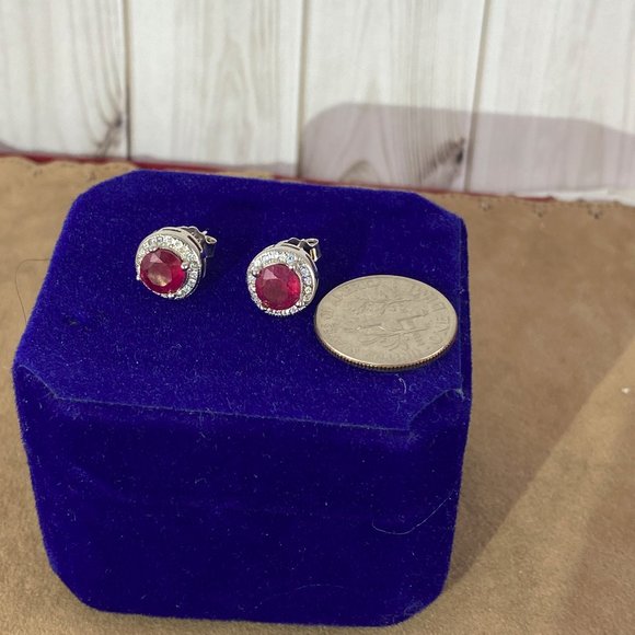 Elegant Round Faceted 6.5mm Nice 3/5 Carat Each Red Ruby Earrings - Picture 4 of 7